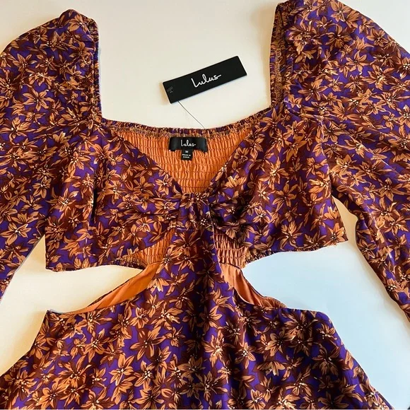 Lulus Dress Size Medium Purple Orange Floral Cutout Tie Front Balloon Sleeve - Picture 5 of 13